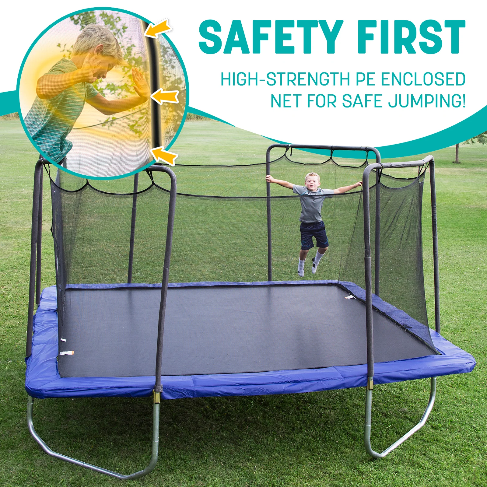 15' Square Trampoline in Blue with No-Gap Enclosure and Basketball Hoop