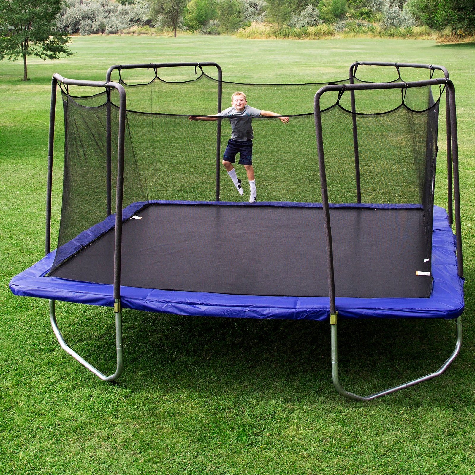 15' Square Trampoline in Blue with No-Gap Enclosure and Basketball Hoop