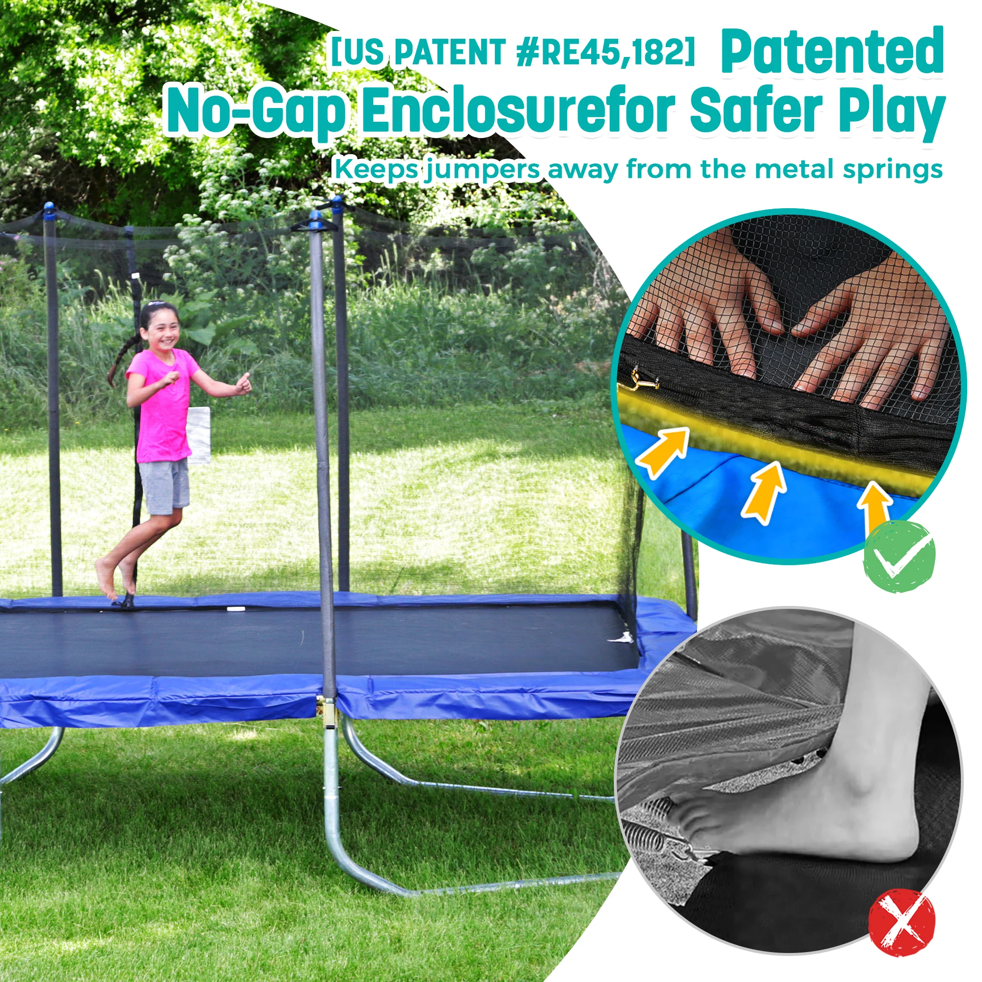 15' Square Trampoline in Blue with No-Gap Enclosure and Basketball Hoop
