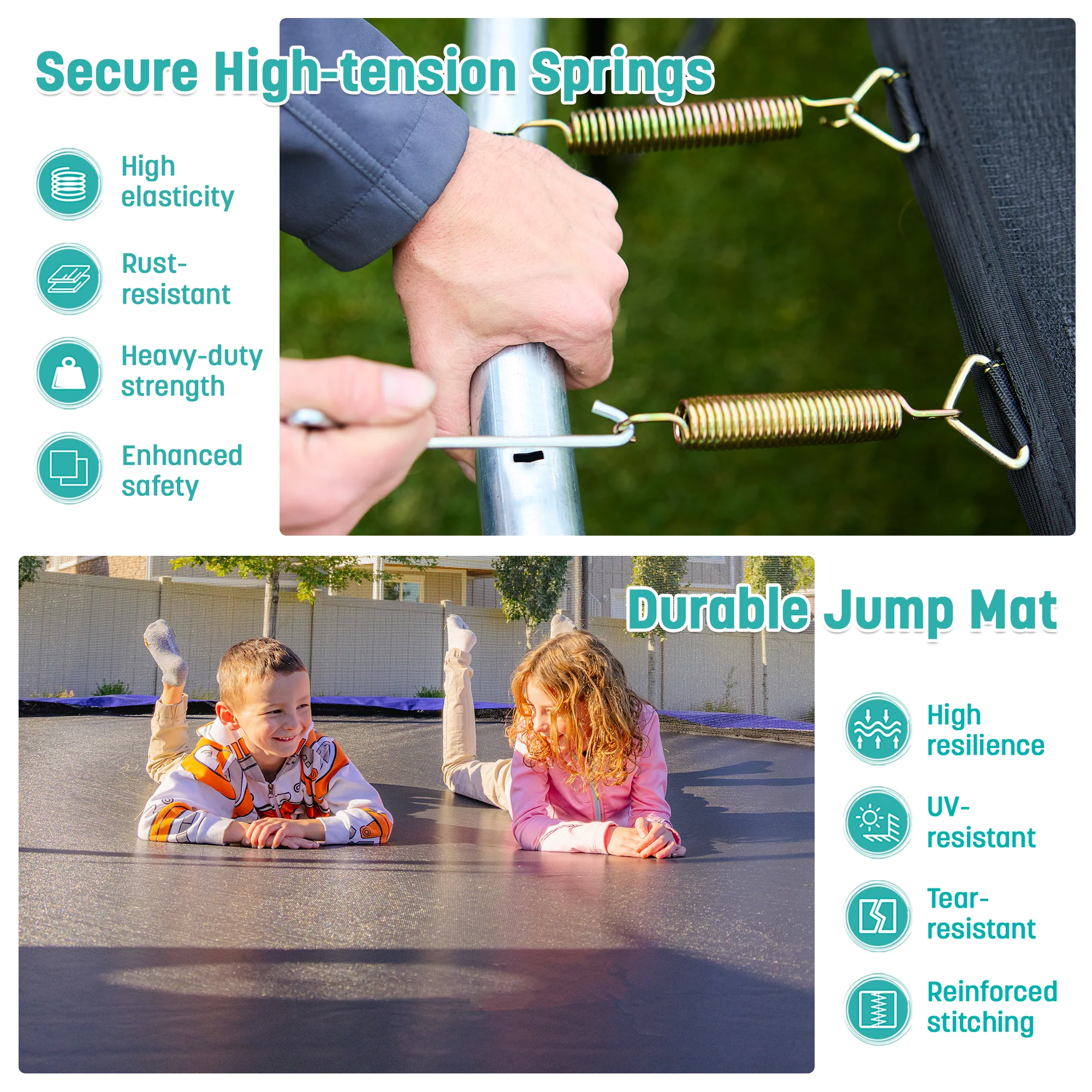 15' Square Trampoline in Blue with No-Gap Enclosure and Basketball Hoop