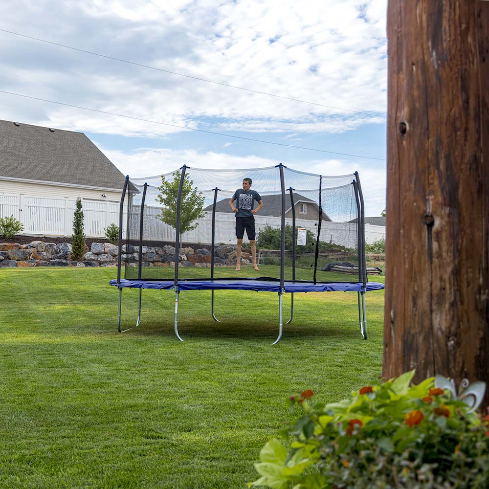 14' Square Trampoline in Blue with No-Gap Enclosure