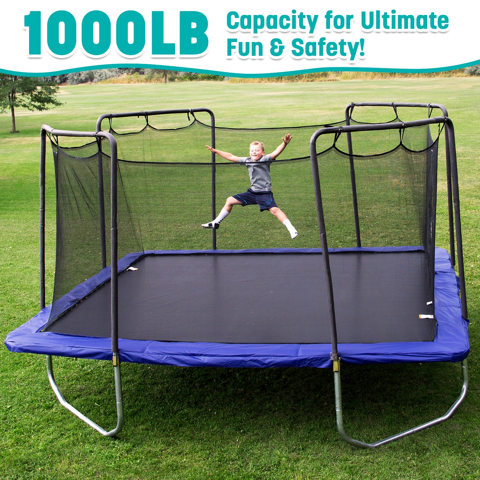 15' Square Trampoline in Blue with No-Gap Enclosure and Basketball Hoop